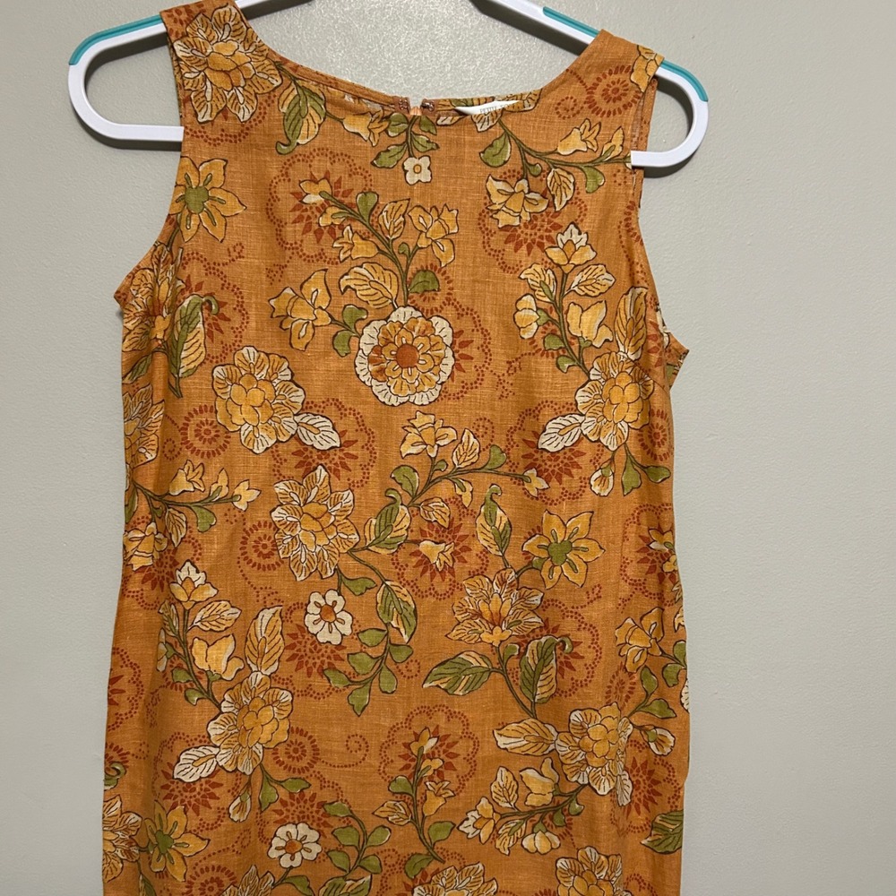 Petite Sophisticate 100% Linen Dress 8 Orange Yellow Sleeveless Floral Midi - Picture 2 of 10